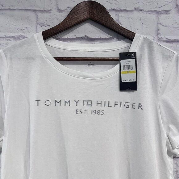 Tommy Hilfiger Size Medium Shirt White Casual Logo Cotton Short Sleeve T-Shirt - Picture 3 of 9